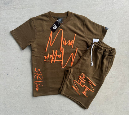Mind Over Matter Distressed Shorts – Green/Orange