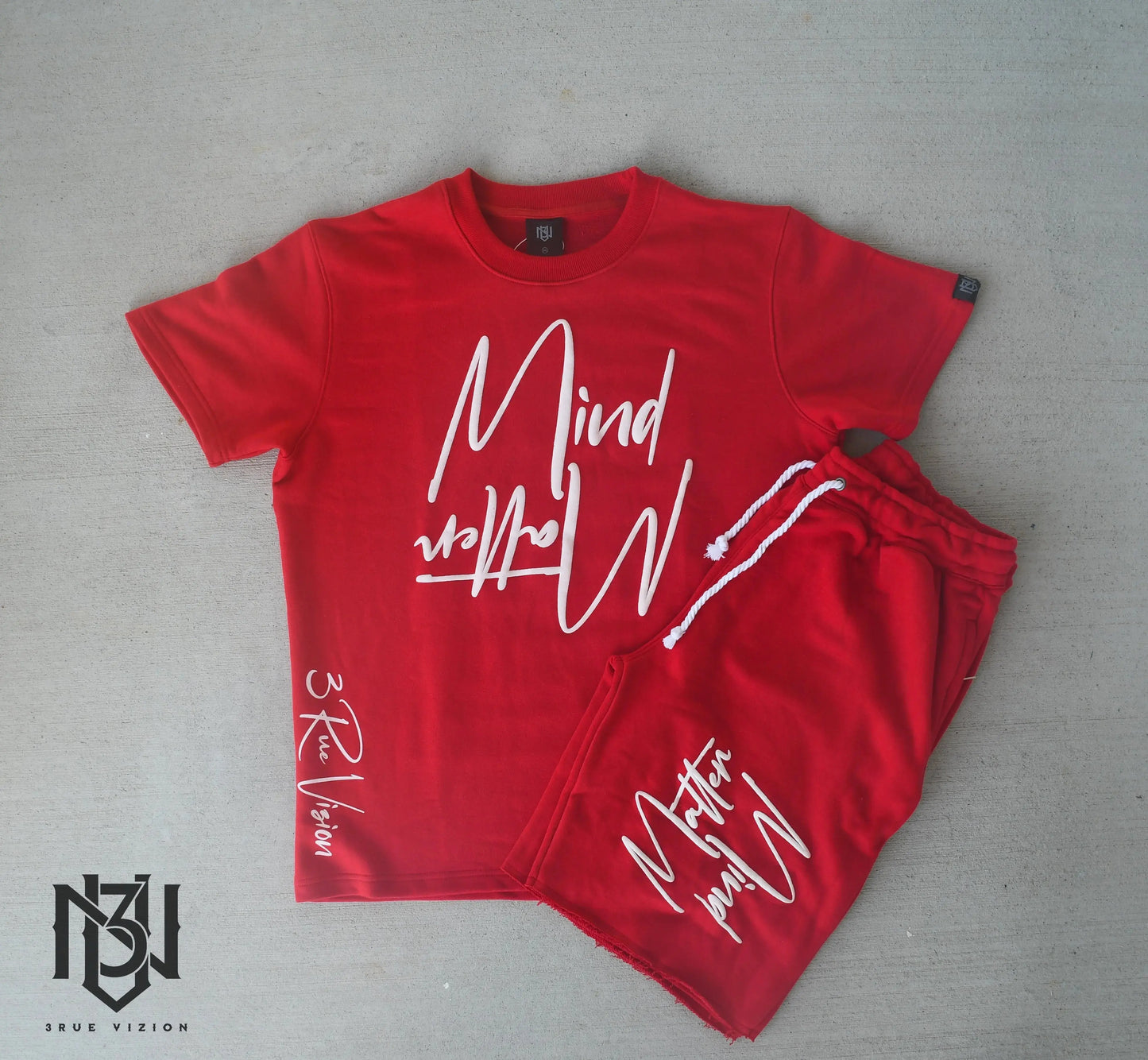 Mind Over Matter Distressed Shorts – Red/White 3rue Vizion