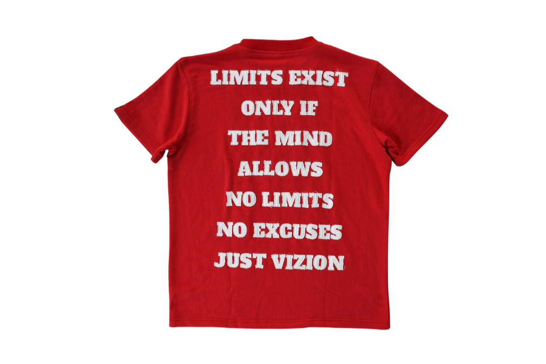 Red t-shirt with white text on a white background