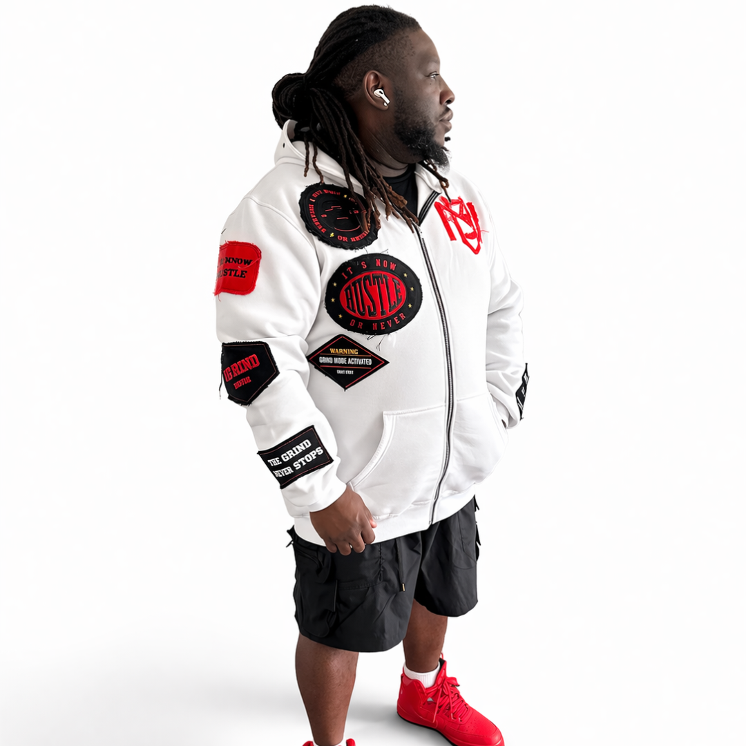 Distressed Patch Zip-Up Hoodie (White) 3rue Vizion