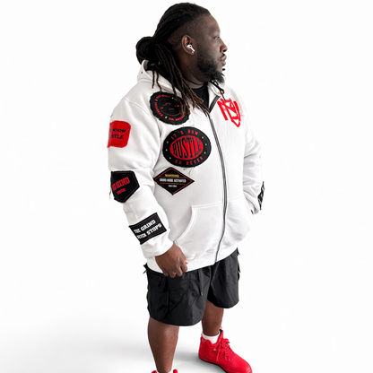 Distressed Patch Zip-Up Hoodie (White) 3rue Vizion