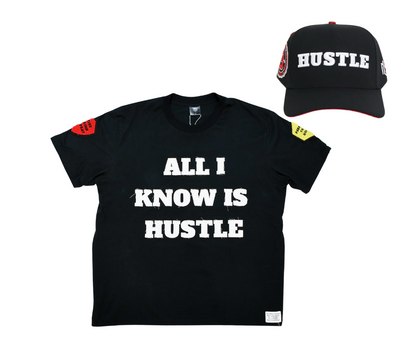 Black t-shirt with 'All I Know is Hustle' text and black cap with 'Hustle' text on a white background