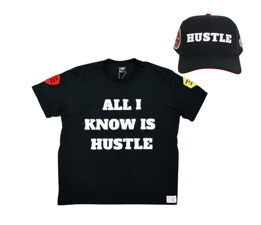 Black t-shirt with 'All I Know is Hustle' text and black cap with 'Hustle' text on a white background