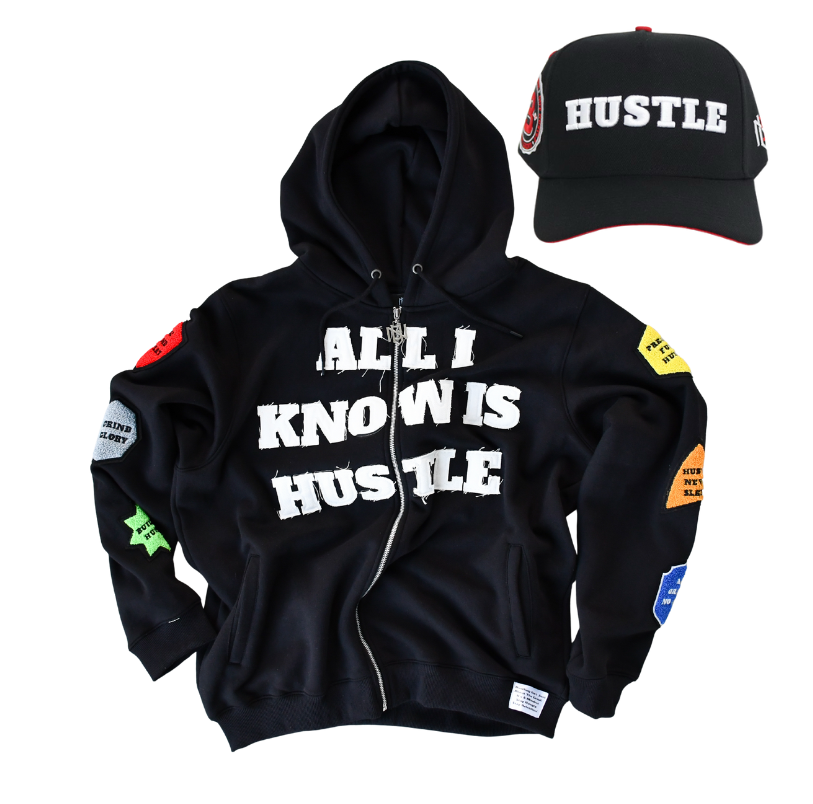 Black hoodie with 'All I Know is Hustle' text and matching cap on a white background