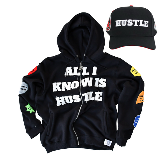 Black hoodie with 'All I Know is Hustle' text and matching cap on a white background